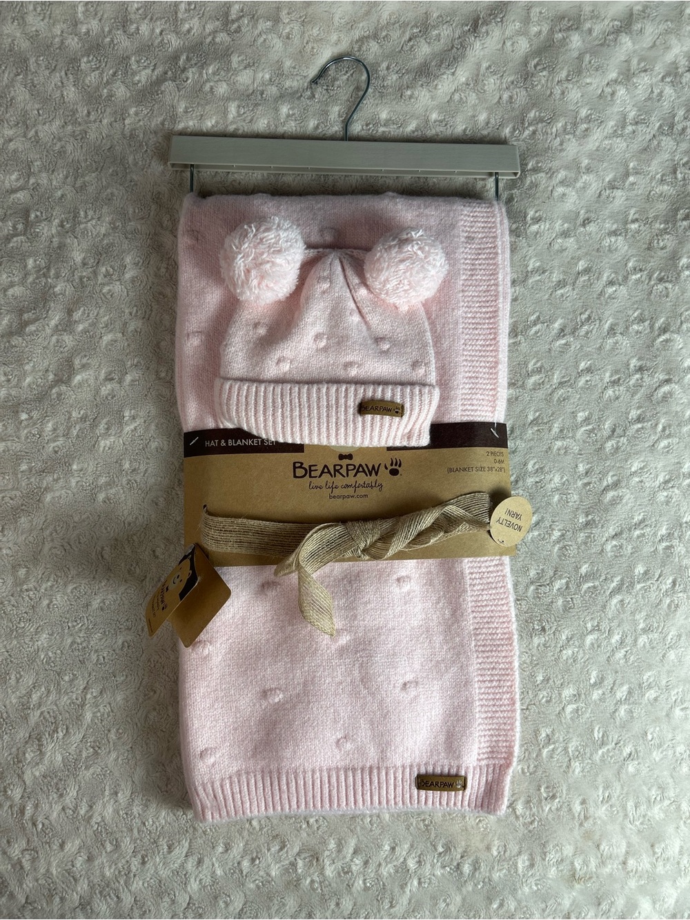 Bearpaw Pink Baby Blanket & Hat Set Sweater Knit Soft Cozy Dots Novelty Yarn
